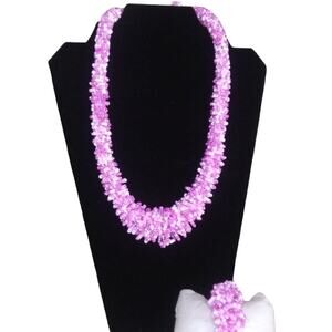 NEW Graduated Woven Pink Seed Bead Necklace Bracelet Set Button Clasp Indonesia